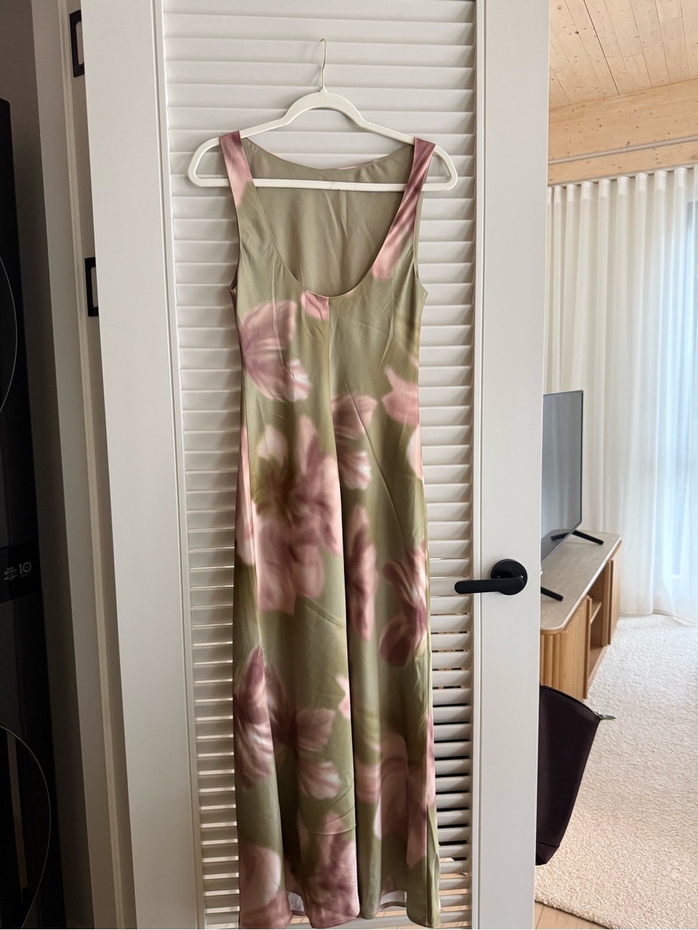 Dynamite Olive Green Slip Dress with Pink Floral Print - Picture 4 of 5